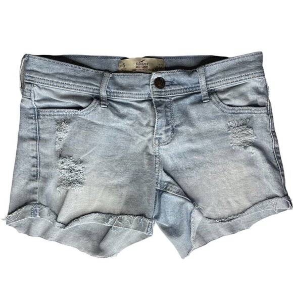 Hollister Denim Shorts Womens Size 5 High Rise Blue Light Wash Distressed Fray - Picture 1 of 12
